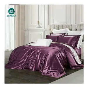 Precio al por mayor, juego de cama de edredón de seda cruda personalizado, sábanas, ropa de cama de seda púrpura