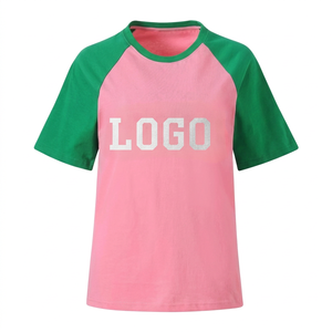 <b>Pink</b> Green Raglan Sleeve T-Shirt <b>Women</b> Casual Short Sleeve Crew Neck Logo Printed 100% Cotton Breathable Spring Summer <b>Top</b> - Product Image 1