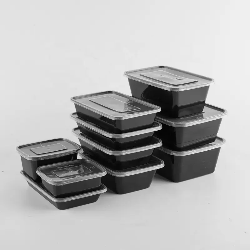 Scatola per pasti da asporto da 500ml rettangolare nero usa e getta in plastica per il pranzo Bento Box per microonde