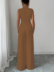 ชุดเซ็ต 2 ชิ้น เสื้อกั๊กสีพื้นเรียบหรูและกางเกงขายาวทรงตรง สไตล์ลำลองสำหรับผู้หญิง แฟชั่นฤดูใบไม้ร่วง - Product Image 3