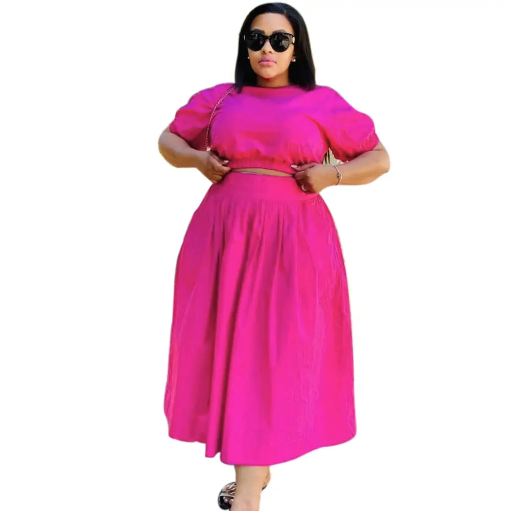 100% POLYESTER Hot New Sweet Fashion Solid Color Short-sleeved Long Skirt Suit For Women