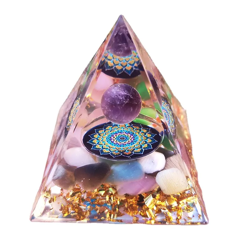 LED hecho a mano mini 3D energía meditativa estatuas de cristal adornos de piedra triturada pirámide decoración del hogar