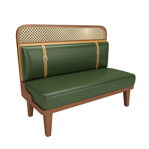 Banqueta de Cuero Verde Bosque con Respaldo de Ratán, Estilo Tropical Chic, Juego de Muebles de Comedor para Restaurante, Juego de Asientos Circulares - Product Image 6