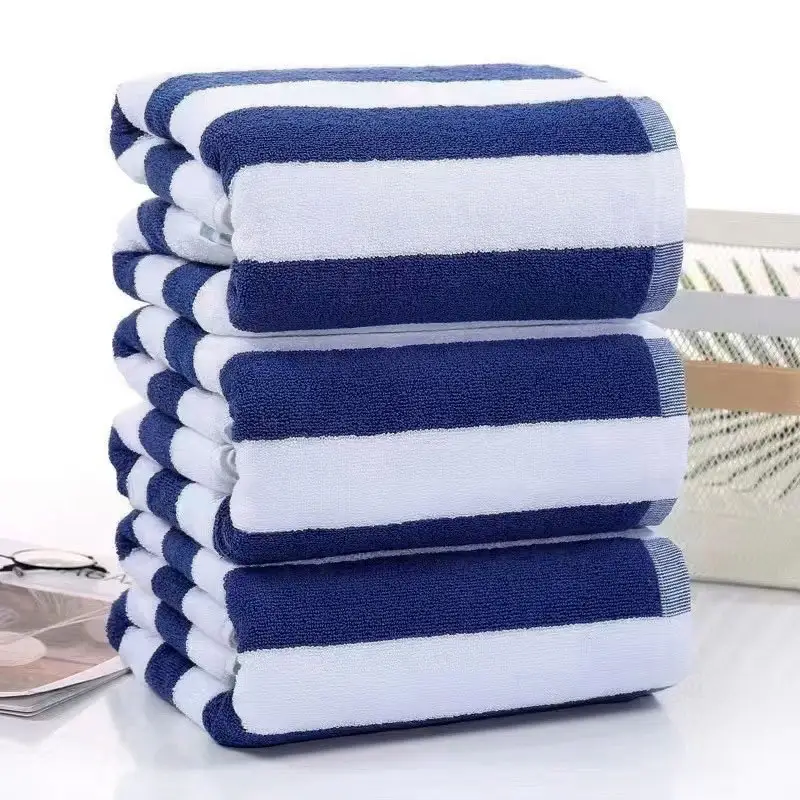 Asciugamani da spiaggia personalizzati in cotone 100% a strisce bianche blu pieghevoli in sabbia e asciugamani da piscina personalizzati