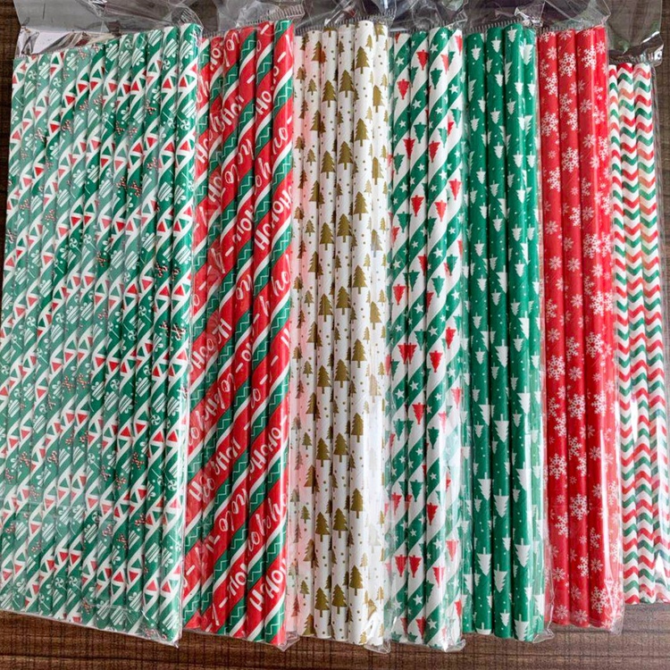 Christmas Theme Printed Color Paper Straws Recyclable Eco-friendly Individually Wrapped Straw for Drinking Tool Party