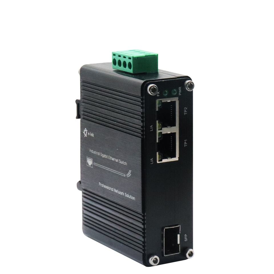 Mini Industrial Media Converter 2-Port Gigabit to 1 SFP Fiber 12-48VDC Wide Temperature