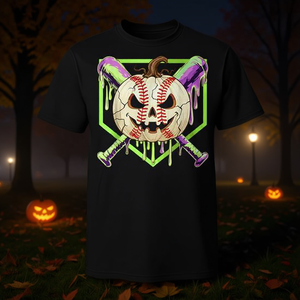T-shirt d'Halloween à thème baseball et citrouille, motif effrayant effet goutte d'eau, noir, col rond - Product Image 2