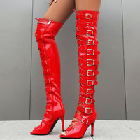 Bottes longues en cuir verni à talons aiguilles, à lacets sur le devant, à bout ouvert, pour la danse jazz, spécifiques à la danse jazz, au-dessus du genou