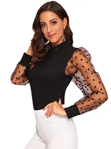 New Product Hot Selling Black Lace Elastic Loose Transparent Polka Dot Long Sleeved Top T-shirt Support Custom T-shirt