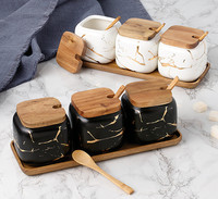 Pots de condiments de bol de sel de sucre d'assaisonnement en céramique de porcelaine moderne populaire avec des couvercles et des cuillères en bois et un plateau