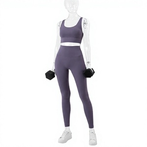Ensemble de yoga sans couture en spandex pour femmes, leggings taille haute avec soutien-gorge de sport respirant, tenue de sport unie pleine longueur - Product Image 3