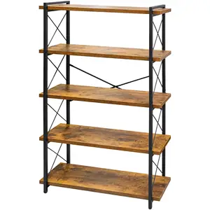 3-Tier Industrial Bookcase Rustic Open Book Shelf Wood and Metal Horizontal Bookshelves