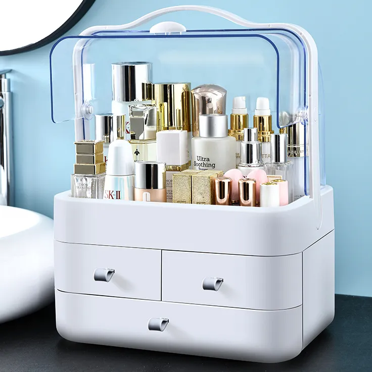 Organisateur de maquillage support boîte de rangement cosmétique avec couvercle sans poussière poignée Portable idéal pour salle de bain comptoir chambre