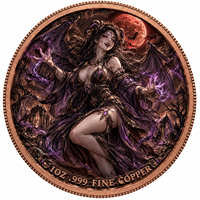 Pièce commémorative en cuivre fin 999 de 1 oz, Démon nocturne à cornes et ailés, Lune de sang violette, Ruines magiques, Décoration colorée, Cadeau