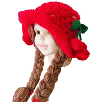 Chapeau perruque en laine crochetée rose en gros pour bébés filles avec tresses, mode automne-hiver pour enfants