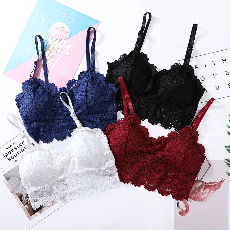 Ladies V-neck Camisole Laser Cut Bonded Bra Lace Comfortable Beauty Back Bra Wire Free Shockproof One Piece camisole