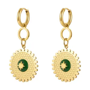 18K Gold Plated Stainless Steel Jewelry Epoxy Peacock Green Sun Flower Pendant Hoop Accessories Earrings E221362