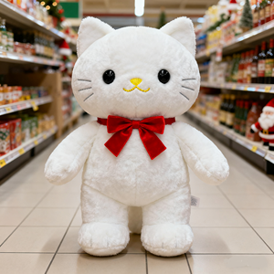 Jouet pour chat en peluche super doux blanc, grands yeux noirs, nez jaune, moustaches grises, nœud papillon en <span class=keywords><strong>velours</strong></span> rouge. Cadeau festif anti-stress câlin - Product Image 1