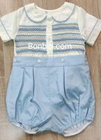 Barboteuse Classique Smockée à Rayures pour Bébé Garçon - Bleue, Boutonnée, Manches Courtes, Été, Tissu Respirant en Coton/Polyester