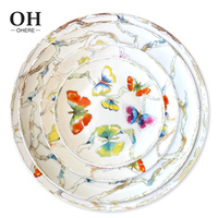Service de table de luxe jetable en porcelaine fine motif papillon et ginkgo, comprenant assiettes, plats, tasses et bols