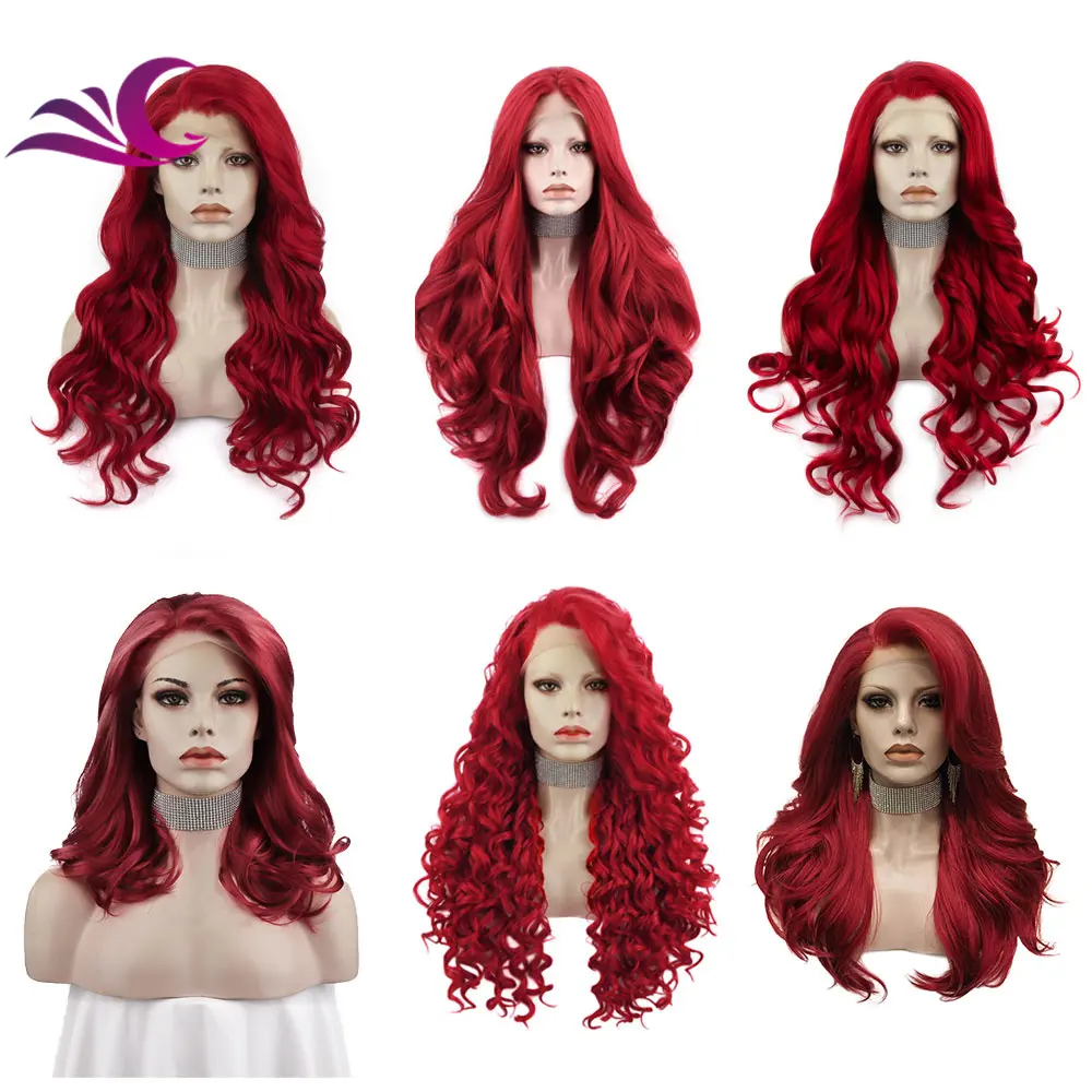 Celebrity Fire Red Kleurrijke Natuurlijke Look Wave Futura Hoge Temperatuur Fibre Synthetische Lace Front Pruiken