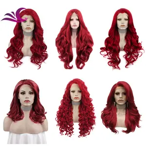 Wig Sintetis Renda Depan Sintetis Serat Suhu Tinggi, Wig Gelombang Tampilan Alami Merah Api Selebriti