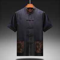 Kemeja Sutra Gambiered Canton Premium Pria Kerah Mandarin Kancing Katak Musim Panas OEKO TEX OEM ODM