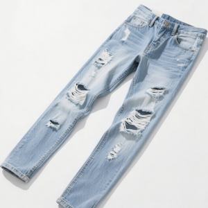 Pantalones Vaqueros de Estilo Vintage para Hombre, Lavado Nieve, Denim Lacado, Corte Recto, Casuales de Otoño con Rodillas Descubiertas y Rotos - Product Image 1