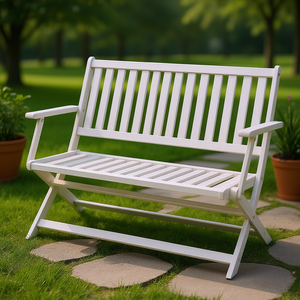 Banc d'extérieur pliable en bois blanc pour 2 personnes avec dossier et accoudoirs pour jardin, patio, véranda, balcon - Product Image 2