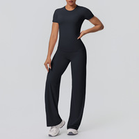Combinaison de yoga TongJoes à manches courtes et jambes larges, respirante, en spandex/nylon brossé double face, pour l'entraînement, la course à pied et le fitness