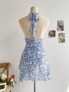 Robe d'été sans manches à col en V bleu à motifs floraux, style <span class=keywords><strong>vintage</strong></span> bohème, sexy, dos nu, pour les loisirs, les vacances, la plage et le <span class=keywords><strong>soleil</strong></span> - Product Image 2