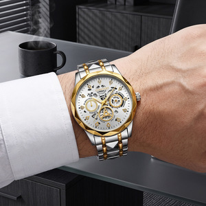 Ourstart Men's Quartz Watch Gold Skeleton Dial Luminous Stainless Steel Strap <b>Calendar</b> Business Style Waterproof - Product Image 3