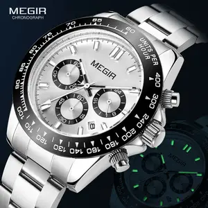 MEGIR 8104 גברים של כסף נירוסטה קוורץ שעונים עסקים הכרונוגרף אנלוגי שעוני יד לגבר עמיד למים זוהר