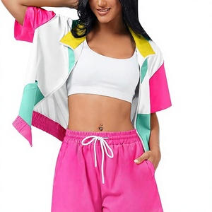 Women Color Block <b>Tracksuit</b> Set 2 Piece Short Sleeve Zip Up Jacket Pink Shorts Sporty <b>Y2K</b> Style Spring Summer Wear - Product Image 2