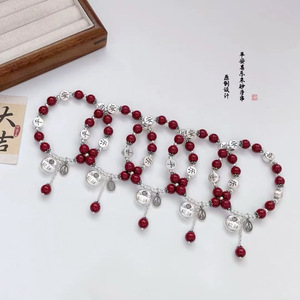 999 Pure <b>Silver</b> Cinnabar Bracelet With Tassel <b>Charm</b> For Everyday Wear Unisex Jewelry Natural Stone Red Beads Lucky Bag Design - Product Image 2