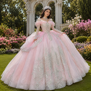 Vestido de Quinceañera Elegante Rosa Mc025 con Cuentas de Perlas en el Corpiño, Manga Larga Transparente y Espalda con Cordones, Estilo Princesa, Jancember - Product Image 1