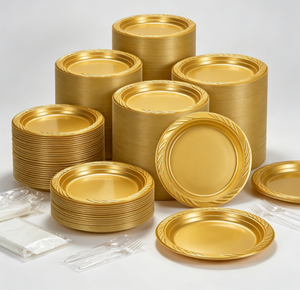 Wholesale Stackable Gold Disposable Round PS Plastic Plates Heavy Duty <strong>Decorative</strong> Rim Dinner Plates for Wedding Party <strong>Catering</strong> - Product Image 3