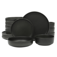 EKA Ensemble de 16 assiettes en céramique noire mate, vaisselle élégante et minimaliste, ensemble d'assiettes et de bols pour la maison moderne, restaurant, vente en gros