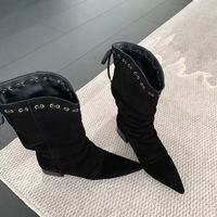 Bottes d'équitation pour femme en cuir véritable, à talon épais, mi-mollet, hiver, à bout pointu, à enfiler