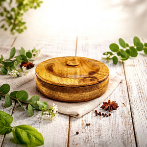 Boîte à épices en bois artisanale ronde Masala Dabba avec 8 compartiments, organisateur traditionnel de rangement pour épices de cuisine - Product Image 1