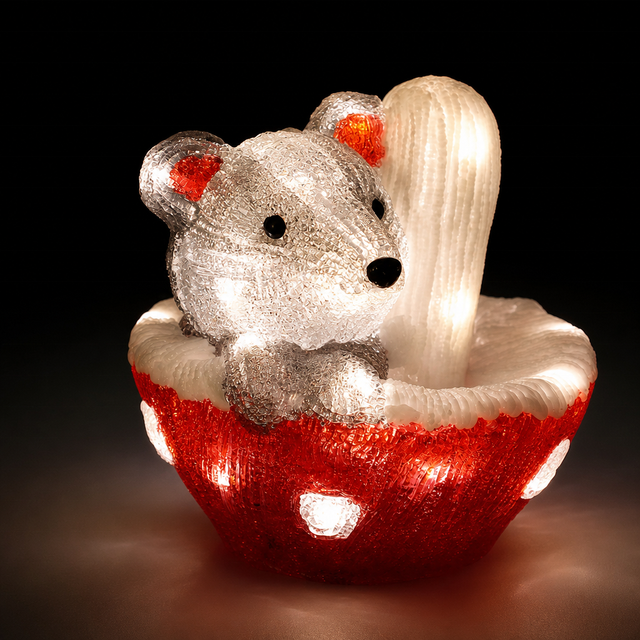 Acrylic Animal Themed White/Warm White LED Mouse Figurine with Mushroom for Home and Holiday Decor Souvenir