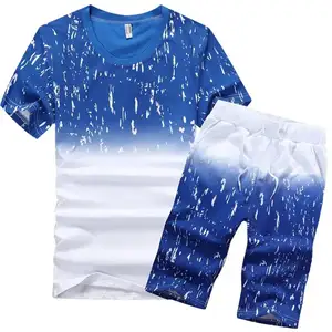 Toptan 2 parça Set kısa kollu o-boyun baskılı erkek giyim T-shirt asya boyutu yaz spor Tops + şort takımı takım elbise