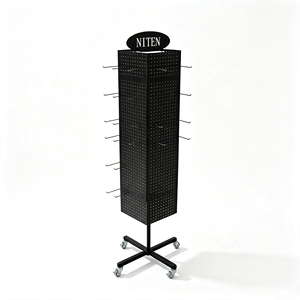 Metal Floor Standing Pegboard <b>Display</b> Rack 4-Sided <b>Rotating</b> Jewelry <b>Display</b> <b>Stand</b> with Casters Hooks - Product Image 1