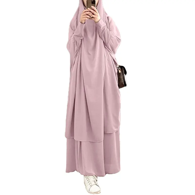 Prayer Garment Women Muslim Islamic Clothing Prayer Dress Solid Color Modest Khimar Hijab Abaya Two Piece Khimar Jilbab
