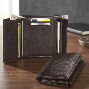 Men's Short Genuine Leather <b>Wallet</b> Three-Fold Open Closure Anti-Theft Feature Chains and Letter Decor Polyester Lining - Product Image 2