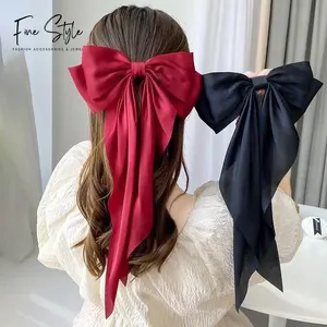 2024 top ranking hair accessories silky satin spring summer solid long tail bows clip hairpin