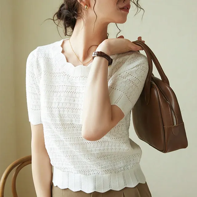 2023 Yishang Custom Summer Women Short Sleeve Ruffle Crop Tops Hollow Out Lace Knitted Short Sweater