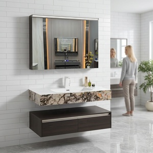 Mobile <span class=keywords><strong>Bagno</strong></span> Sospeso di Lusso Minimalista Scandinavo Scanalato con Piano in Marmo e <span class=keywords><strong>Lavabo</strong></span> a Vaso Bianco Integrato - Product Image 3