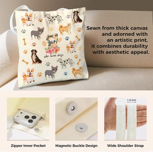 Bolsa de Mano de Lona con Estampado de Perro, Linda y Estética, para Mujer, Reutilizable, Plegable, de Algodón, con Bolsillo con Cremallera, Estilo Informal - Product Image 5