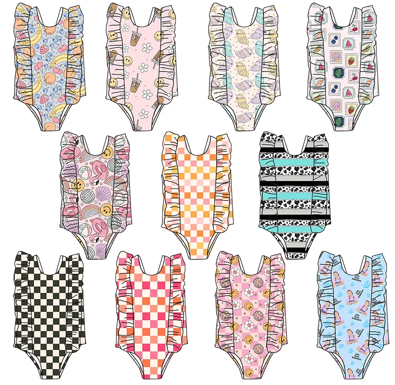 Wholesale Retro print summer Children swimwear Custom design Lovely one piece girls bathing suits